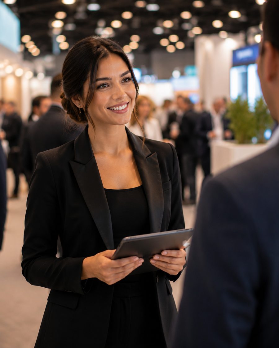 Event host with a tablet at an exhibition