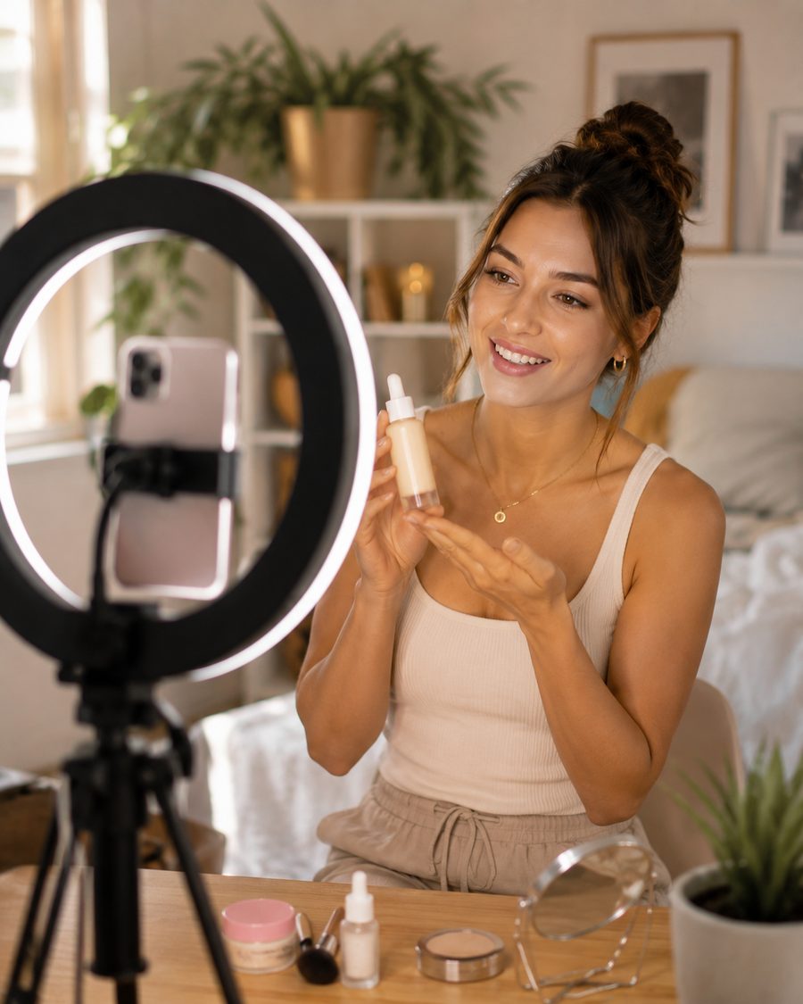 Creator filming UGC content with a ring light