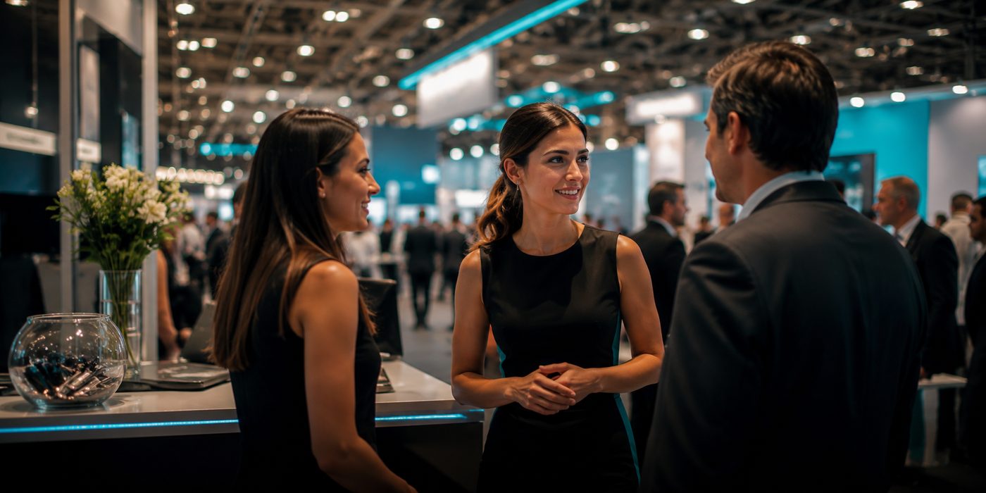 Event staff at a trade-show exhibition stand