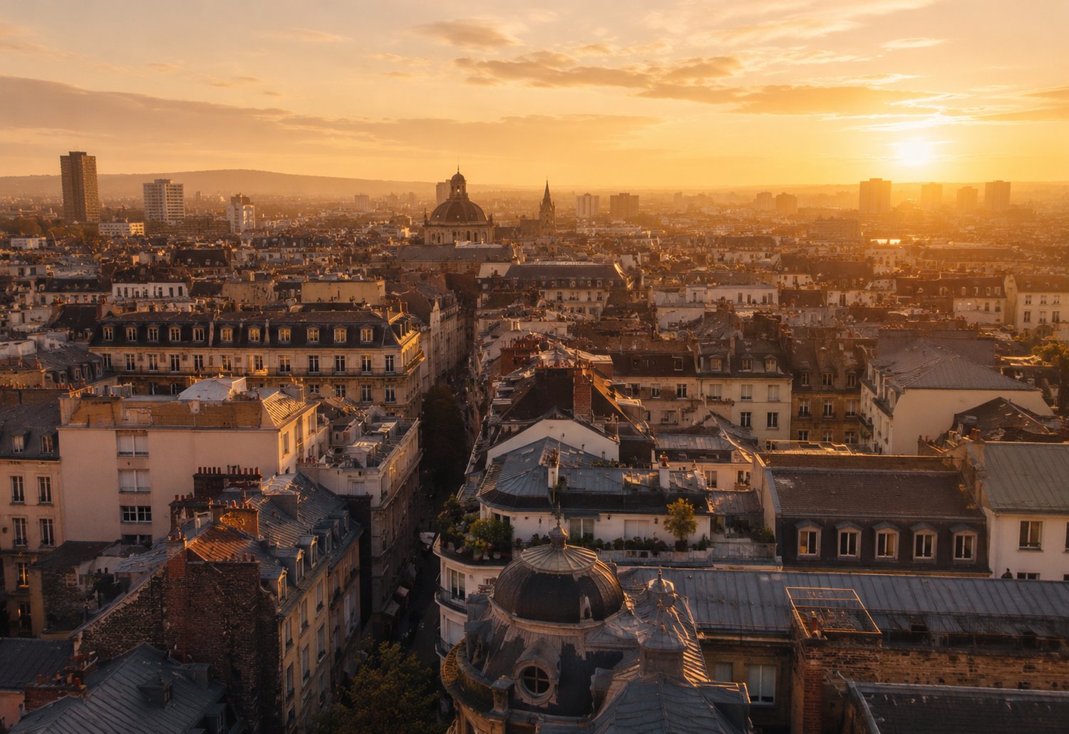 European city skyline at golden hour