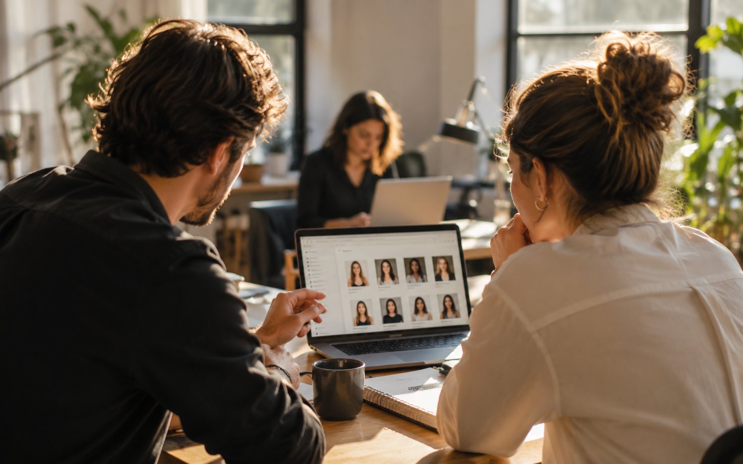 Marketing team reviewing talent profiles on a laptop