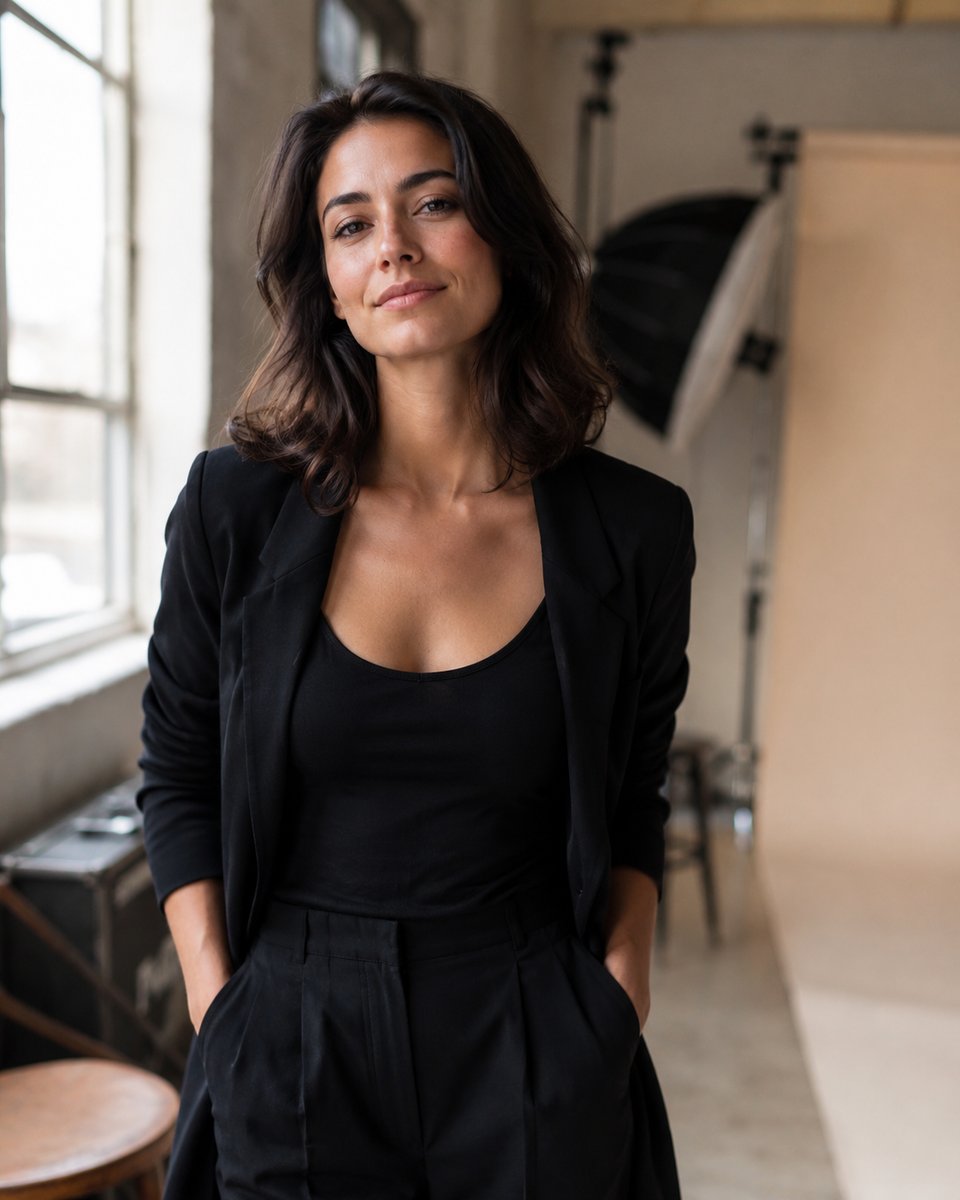 Verified model on a studio set in soft daylight