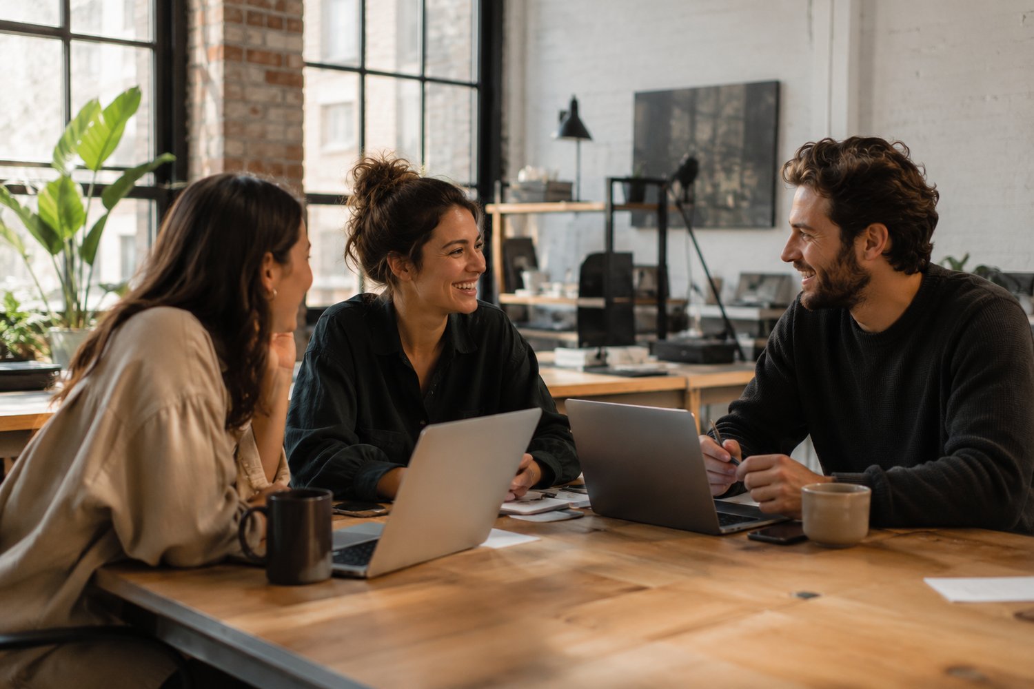 Three colleagues collaborating at a shared desk